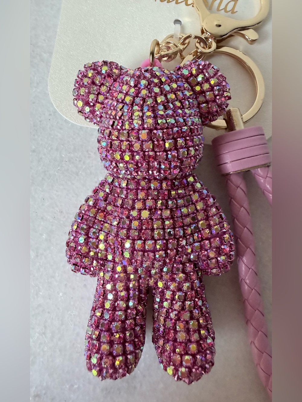 Natasha Couture Pink Crystal Teddy Keyring with Braided Loop handbag charm - Picture 4 of 7